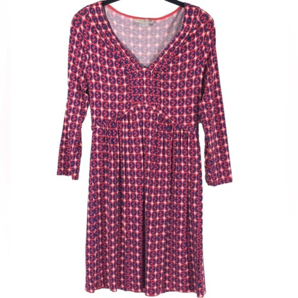 Boden Dorothy Dress Pink Navy Geometric LS V Neck Stretch Jersey WL788 Size 6R